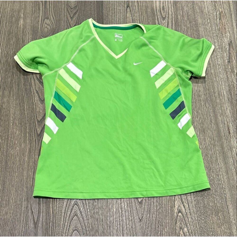 Nike Womens Performance Shirt V-Neck Stripe Print Pullover Apple Green Size M
